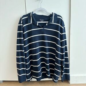 UNTUCKit Long Sleeve Shirt Mens Collared V Neck Navy Blue White Stripe